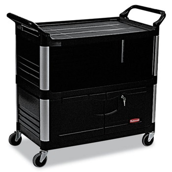KITCHEN AND SERVICE CARTS | Rubbermaid Commercial FG409500BLA 40.63 in. x 20.75 in. x 37.81 in. 300 lbs. Capacity 3 Shelves Plastic Xtra Equipment Cart - Black