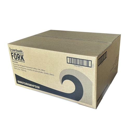 Disposable Forks | Boardwalk BWKFORKWHPSIW Heavyweight Wrapped Polystyrene Plastic Fork Cutlery - White (1000/Carton) image number 0