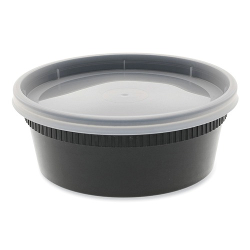 Food Containers & Lids | Pactiv Corp. YL2508B Newspring DELItainer 4.55 in. x 4.55 in. x 1.8 in. 8 oz. Plastic Microwavable Container - Black/Clear (240/Carton) image number 0