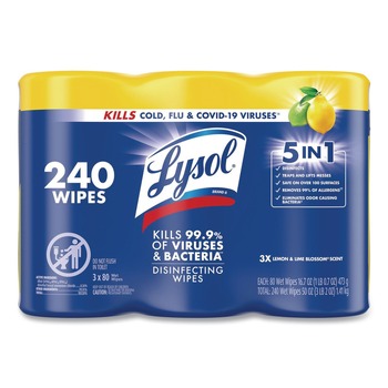 LYSOL Brand 19200-84251 7 in. x 7.25 in. 1-Ply Disinfecting Wipes - Lemon and Lime Blossom/White (3/Pack)