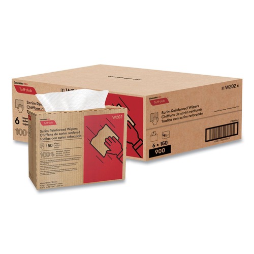 Cleaning Cloths & Wipes | Cascades PRO W202 9.75 in. x 16.75 in. 4-Ply Tuff-Job Scrim Reinforced Wipers - White (6 Boxes/Carton) image number 0