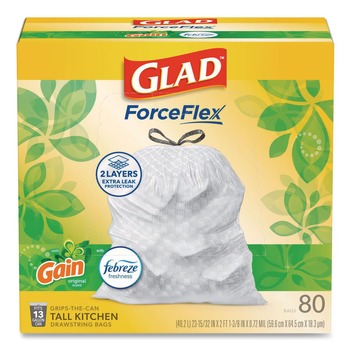 Glad 78900 OdorShield 24 in. x 27.38 in. 13 Gallon Tall Kitchen Drawstring Bags - White/Gain Original Scent (80/Box)
