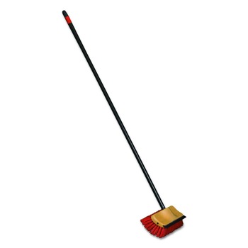 Nexstep Commercial Products 6615 10 in. Bi-Level Floor Scrub Brush with 54 in. Handle - Red Polypropylene Bristles/Black Metal Handle