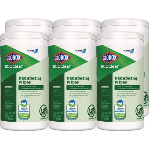 Cleaning Cloths & Wipes | Clorox 60605 8 in. x 7 in. 1-Ply CloroxPro EcoClean Disinfecting Wipes - Unscented, White (6/Carton) image number 0
