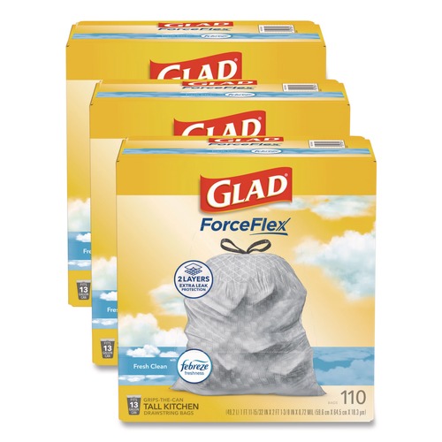 Drawstring & Kitchen Bags | Glad 78563 ForceFlex 10.19 in. x 9.81 in. 13-Gal. Tall Kitchen Drawstring Trash Bags - Fresh Clean Scent Gray (3/Carton) image number 0