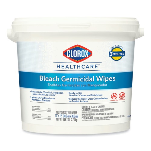 Cleaning Cloths & Wipes | Clorox Healthcare 30358 12 in. x 12 in. 1-Ply Bleach Germicidal Wipes - Unscented, White (110/Bucket) image number 0