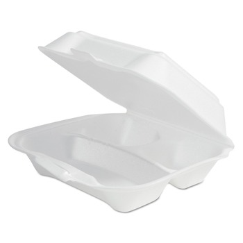 Plastifar 12039 7.81 in. x 8.75 in. x 3.38 in. Secure One Tab Latch 3 Compartments Foam Hinged Lid Container - White (200/Pack)