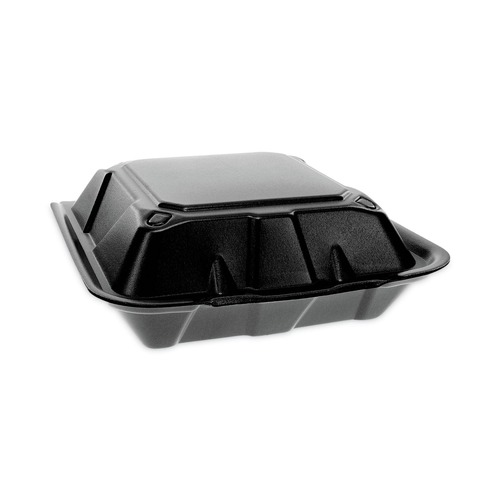Food Containers & Lids | Pactiv Corp. YTDB99010000 9 in. x 9 in. x 3.25 in. Dual Tab Lock Vented Foam Hinged Lid Container - Black (150/Carton) image number 0