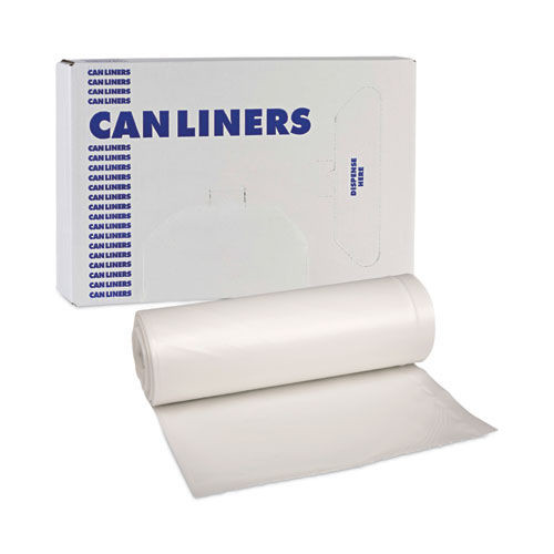 Low-Density Trash Bags | Boardwalk H6639HWKGR1 33 in. x 39 in. 33 gal. 0.6 mil Perforated Roll Low-Density Waste Can Liners - White (150/Carton) image number 0