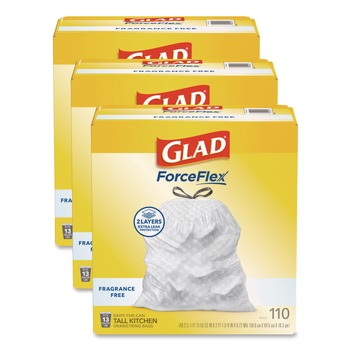 Glad 22541 ForceFlex Kitchen Drawstring Trash Bags, Drawstring, 13 gal, Unscented, 23.47 x 25.38, White, 110 Bags/Box, 3 Boxes/Carton