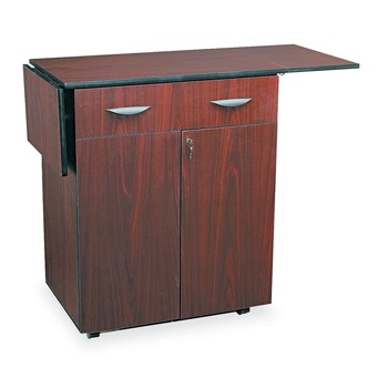 REFRESHMENT STATIONS | Safco 8962MH 32.5 in. to 56.25 in. x 20.5 in. x 38.75 in. 1 Drawer 3 Shelves Engineered Wood Hospitality Cart with Drop Leaves - Mahogany