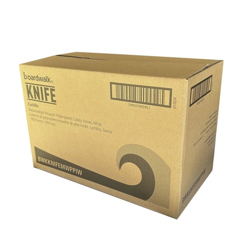 Disposable Knives | Boardwalk BWKKNIFEMWPPIW 5.86 in. Mediumweight Wrapped Polypropylene Plastic Knife Cutlery - White (1000/Carton) image number 0