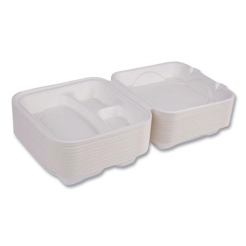 Eco-Products EP-HC93NFA Vanguard 9 in. x 9 in. x 3 in. 3-Compartment Renewable and Compostable Sugarcane Clamshells - White (200/Carton)