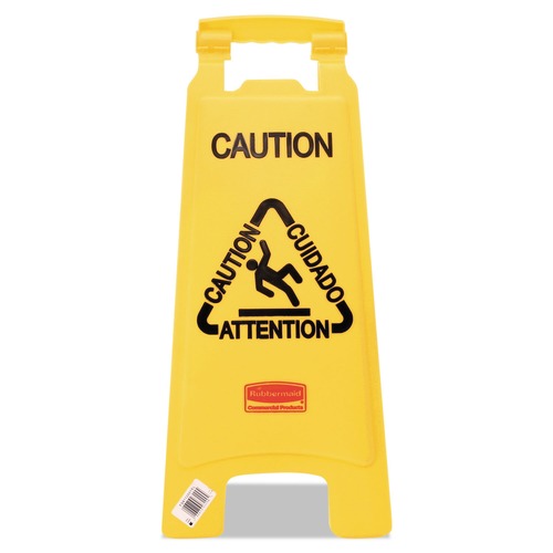Signs | Rubbermaid Commercial FG611200YEL 11 in. x 12 in. x 25 in. Multilingual "Caution" Floor Sign - Bright Yellow image number 0