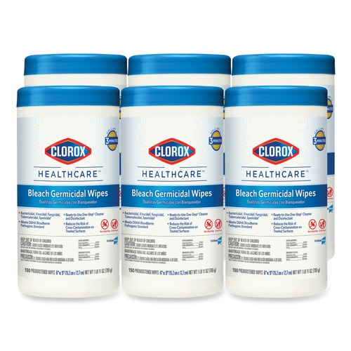 Cleaning Cloths & Wipes | Clorox Healthcare 30577 6 in. x 5 in. 1-Ply Bleach Germicidal Wipes - Unscented, White (150/Canister, 6 Canisters/Carton) image number 0