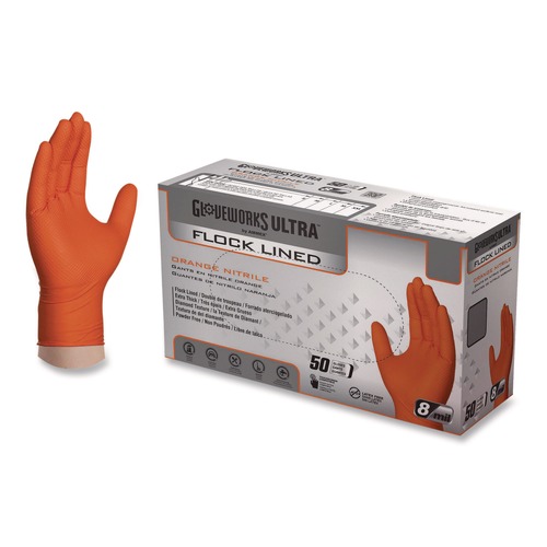 Food Service Disposable & Single Use Gloves | Ammex GWUOFN46050 9.06 in. 6 mil Ultra Industrial Flock-Lined Nitrile Disposable Gloves - Large/Orange (500/Carton) image number 0
