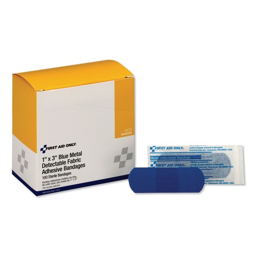 Bandages | First Aid Only H175 1 in. x 3 in. Plastic with Foil Adhesive Blue Metal Detectable Bandages (100/Box) image number 0