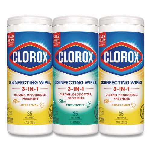 Cleaning Cloths & Wipes | Clorox 30112 7 in. x 8 in. 1-Ply Disinfecting Wipes - Fresh Scent/Citrus Blend, White (35/Canister, 3 Canisters/Pack) image number 0