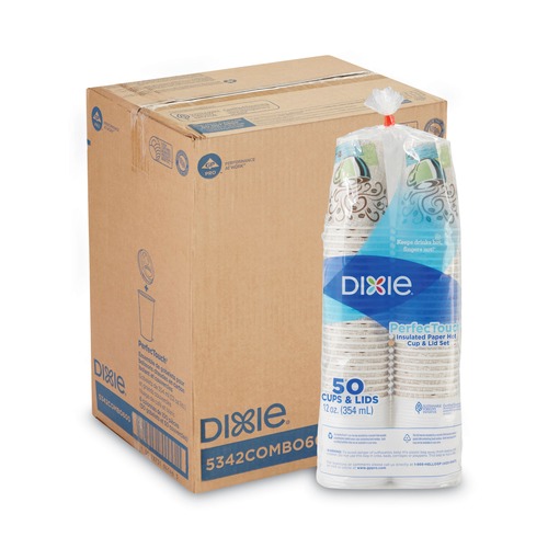 Cups | Dixie 5342COMBO600 PerfecTouch 12 oz. Paper Hot Cups and Lids Combo - Multicolor (50/Pack, 6 Packs/Carton) image number 0