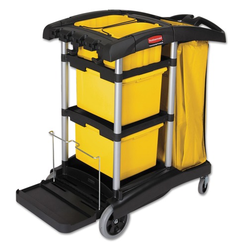 Perforated Roll & Hand Towels | Rubbermaid Commercial HYGEN FG9T7300BLA 22 in. x 48-1/4 in. x 44 in. Hygen M-Fiber Healthcare Cleaning Cart - Black/Yellow/Silver image number 0