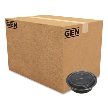 GEN FCPP-BC-32RND 7.28 in. x 7.28 in. x 2.55 in. 32 oz. Plastic Microwavable Food Container with Lid - Round Black/Clear (150/Carton)