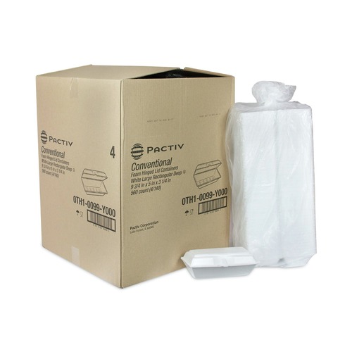Food Containers & Lids | Pactiv Corp. 0TH10099Y000 9.75 in. x 5 in. x 3.25 in. Foam Hinged Lid Containers - White (560/Carton) image number 0