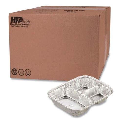 Food Containers & Lids | Handi-Foil 2045-35-250W 8.5 in. x 6.38 in. x 1.47 in. 24 oz. 3-Compartment Aluminum Oblong Container with Lid - Silver (250/Carton) image number 0