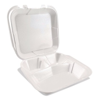  | Plastifar 12083 9 in. x 10 in. x 3 in. 3-Compartment Foam Hinged Lid Containers - White (200/Carton)