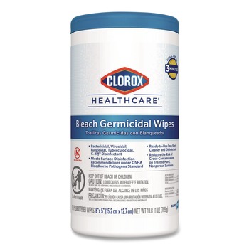 Clorox Healthcare 30577 6 in. x 5 in. 1-Ply Bleach Germicidal Wipes - Unscented, White (150/Canister)