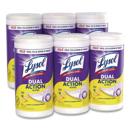 Cleaning Cloths & Wipes | LYSOL Brand 19200-81700 7 in. x 7.5 in. 1-Ply Dual Action Disinfecting Wipes - Citrus, White/Purple (6 Canisters/Carton) image number 0