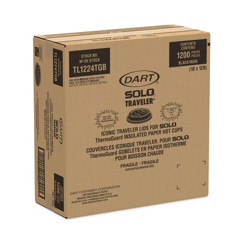 Cup Lids | Dart TL1224TGB Solo Traveler Sip Through Lids for ThermoGuard 12 oz to 24 oz Hot Cups - Black (1200/Carton) image number 0