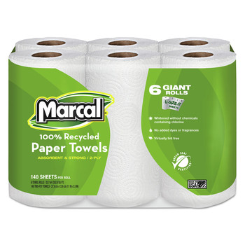 Marcal 6181 11 in. x 5.5 in. 2-Ply Recycled Kitchen Roll Towels - White (6 Rolls/Pack)