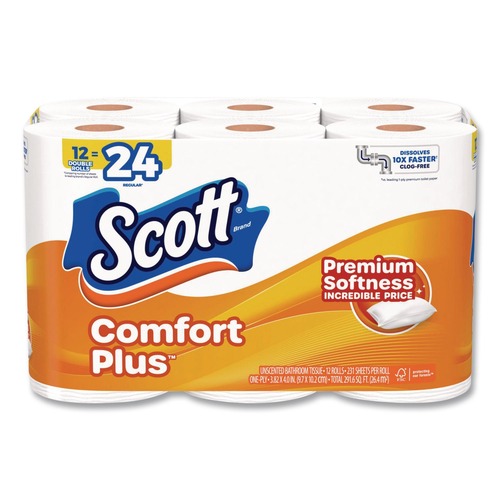 Toilet Tissues | Scott 47618 ComfortPlus 1-Ply Septic Safe Toilet Paper Double Roll Bath Tissue - White (48/Carton) image number 0