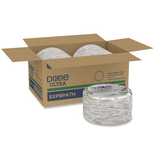 Plates | Dixie SXP9PATH Pathways 8.5 in. Diameter Heavyweight WiseSize Paper Plates with Soak Proof Shield - Green/Burgundy (500/Carton) image number 0