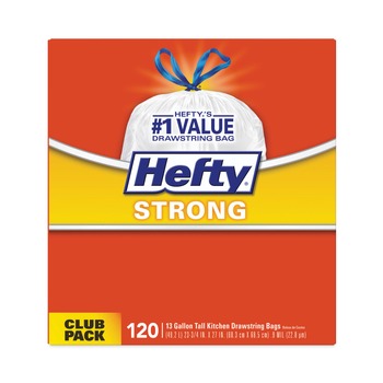 Hefty E84562 Strong 13 Gallon 0.9 mil 24 in. x 27.75 in. Tall Kitchen Drawstring Bags - White (120/Box)
