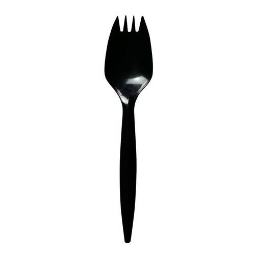 Disposable Sporks | Boardwalk BWKSPORKBLPP Mediumweight Polypropylene Plastic Spork Cutlery - Black (1000/Carton) image number 0