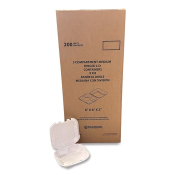 Plastifar 10393 8.56 in. x 8 in. x 2.76 in. 3-Compartment Foam Hinged Lid Containers - White (200/Carton)