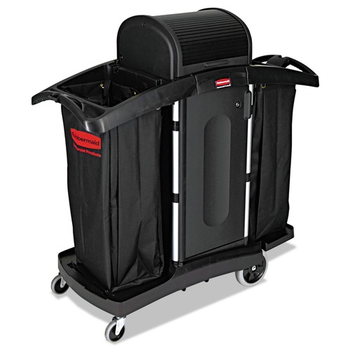 Perforated Roll & Hand Towels | Rubbermaid Commercial FG9T7800BLA High-Security 2-Shelf Housekeeping Cart - Black/Silver image number 0