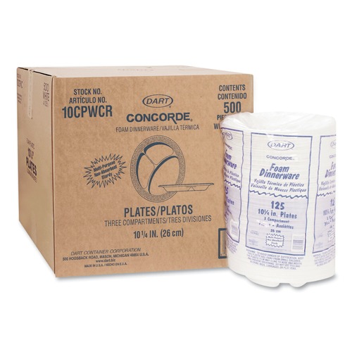 Plates | Dart 10CPWCR 10-1/4 in. Diameter 3-Compartment Concorde Foam Plate - White (500/Carton) image number 0