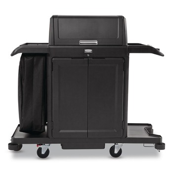 Rubbermaid Commercial 2202587 24.4 in. x 62.4 in. x 56.9 in. 4-Shelf Housekeeping Cart with Hood and Doors - Black