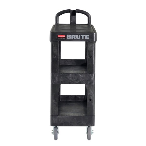 Carts | Rubbermaid Commercial 2203280 BRUTE 25.24 in. x 48.63 in. x 46.18 in. 3 Shelves 600 lb Capacity Resin 3-Shelf Heavy-Duty Ergo Flat Utility Cart - Black image number 0