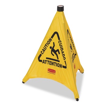 SIGNS | Rubbermaid Commercial FG9S0000YEL 3-Sided Fabric 21 in. x 21 in. x 20 in. Multilingual "Caution" Pop-Up Safety Cone - Yellow