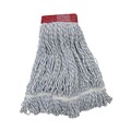 Mop Heads | Boardwalk BWK553 Rayon/Polyester Wide Floor Finish Mop Head - Large, White/Blue (12/Carton) image number 3