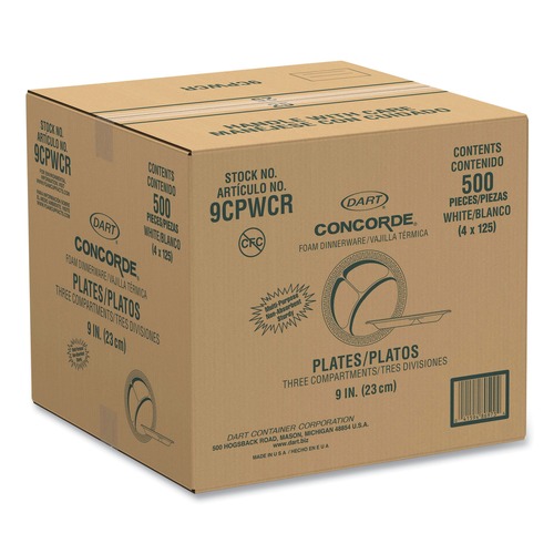 Plates | Dart 9CPWCR 9 in. 3-Compartment Concorde Foam Plate - White (4 Packs/Carton) image number 0