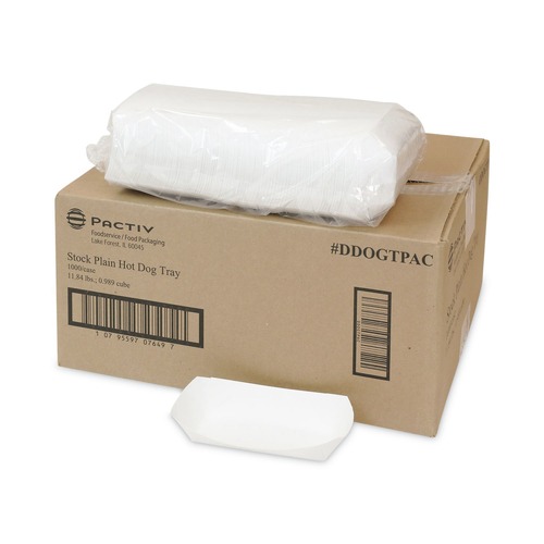 Food Containers & Lids | Pactiv Corp. DDOGTPAC 7.04 x 1.75 x 1.43 Paperboard Boat Basket Hot Dog Tray with Perforations - White (1000/Carton) image number 0
