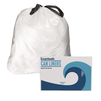 DRAWSTRING AND KITCHEN BAGS | Boardwalk BWK1DK100 13 Gallon 24 in. x 28 in. Drawstring Kitchen Bags - White (50 Bags/Roll, 2 Rolls/Carton)
