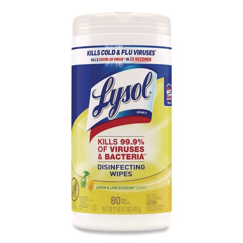 Cleaning Cloths & Wipes | LYSOL Brand 19200-77182 7 in. x 7.25 in. 1-Ply Disinfecting Wipes - Lemon and Lime Blossom, White (80 Wipes/Canister) image number 0