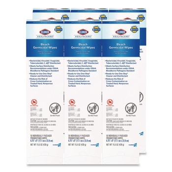 Clorox Healthcare 31424 6.75 in. x 9 in. 1-Ply Individual Bleach Germicidal Wipes - Unscented White (6/Carton)