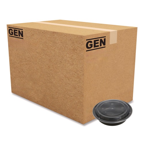 Food Containers & Lids | GEN FCPP-BC-24RND 7.28 in. x 7.28 in. x 1.96 in. 24 oz. Plastic Microwavable Food Container with Lid - Round Black/Clear (150/Carton) image number 0
