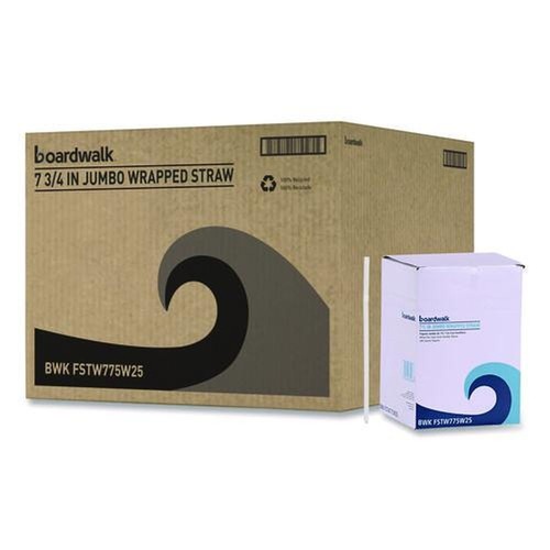 Straws/Stems/Sticks | Boardwalk BWKFSTW775W25 7.75 in. Flexible Plastic Wrapped Straws - White (20/Carton) image number 0